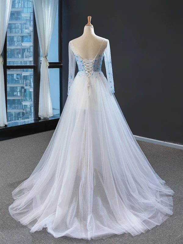 Haut de Gamme Blanche Bleu Ciel Transparentes Robe De Soirée 2023 Princesse Encolure Carrée Manches Longues Perlage Train De Balayage Dos Nu Robe De Ceremonie