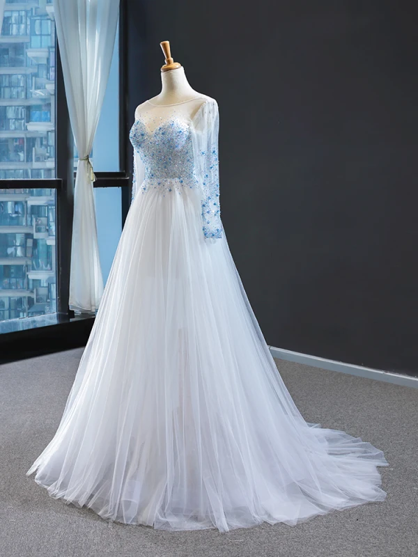 Haut de Gamme Blanche Bleu Ciel Transparentes Robe De Soirée 2023 Princesse Encolure Carrée Manches Longues Perlage Train De Balayage Dos Nu Robe De Ceremonie