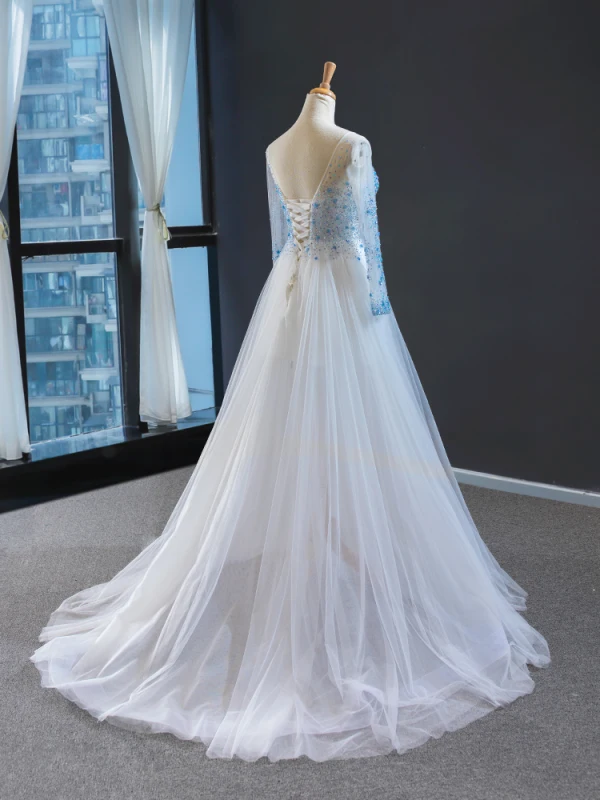 Haut de Gamme Blanche Bleu Ciel Transparentes Robe De Soirée 2023 Princesse Encolure Carrée Manches Longues Perlage Train De Balayage Dos Nu Robe De Ceremonie