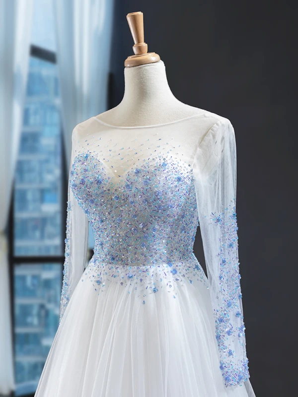 Haut de Gamme Blanche Bleu Ciel Transparentes Robe De Soirée 2023 Princesse Encolure Carrée Manches Longues Perlage Train De Balayage Dos Nu Robe De Ceremonie