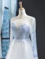Haut de Gamme Blanche Bleu Ciel Transparentes Robe De Soirée 2023 Princesse Encolure Carrée Manches Longues Perlage Train De Balayage Dos Nu Robe De Ceremonie
