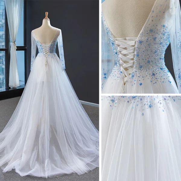 Haut de Gamme Blanche Bleu Ciel Transparentes Robe De Soirée 2023 Princesse Encolure Carrée Manches Longues Perlage Train De Balayage Dos Nu Robe De Ceremonie