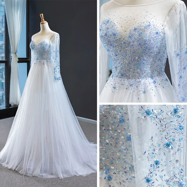 Haut de Gamme Blanche Bleu Ciel Transparentes Robe De Soirée 2023 Princesse Encolure Carrée Manches Longues Perlage Train De Balayage Dos Nu Robe De Ceremonie