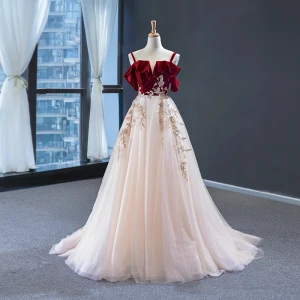 Deux Tons Rouge Champagne Daim Robe De Soirée 2023 Princesse Bretelles Spaghetti Manches Courtes Fleur Appliques En Dentelle Train De Balayage Dos Nu Robe De Ceremonie