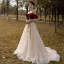 Deux tons Rouge Champagne Daim Robe De Soirée 2023 Princesse Bretelles Spaghetti Manches Courtes Fleur Appliques En Dentelle Train De Balayage Dos Nu Robe De Ceremonie