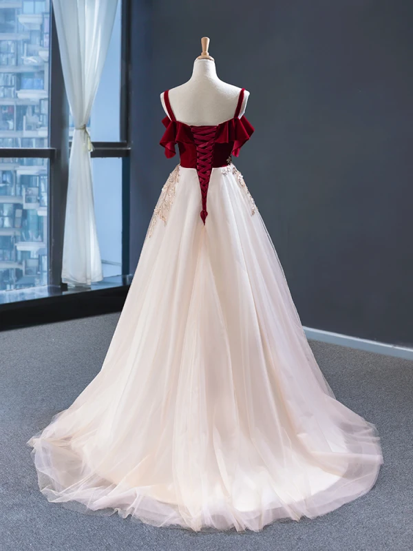 Deux tons Rouge Champagne Daim Robe De Soirée 2023 Princesse Bretelles Spaghetti Manches Courtes Fleur Appliques En Dentelle Train De Balayage Dos Nu Robe De Ceremonie