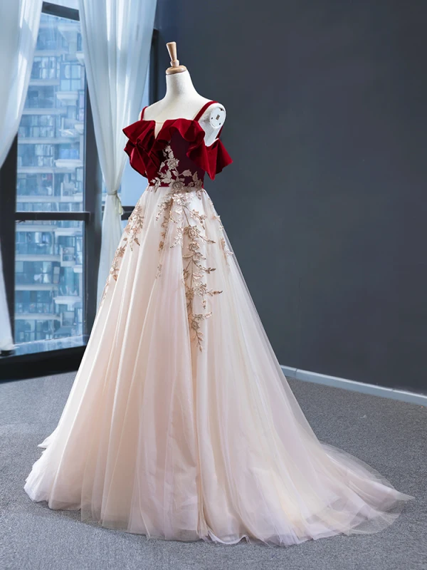 Deux tons Rouge Champagne Daim Robe De Soirée 2023 Princesse Bretelles Spaghetti Manches Courtes Fleur Appliques En Dentelle Train De Balayage Dos Nu Robe De Ceremonie