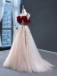 Deux tons Rouge Champagne Daim Robe De Soirée 2023 Princesse Bretelles Spaghetti Manches Courtes Fleur Appliques En Dentelle Train De Balayage Dos Nu Robe De Ceremonie