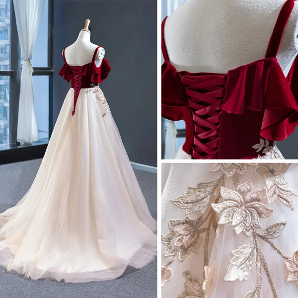 Deux tons Rouge Champagne Daim Robe De Soirée 2023 Princesse Bretelles Spaghetti Manches Courtes Fleur Appliques En Dentelle Train De Balayage Dos Nu Robe De Ceremonie