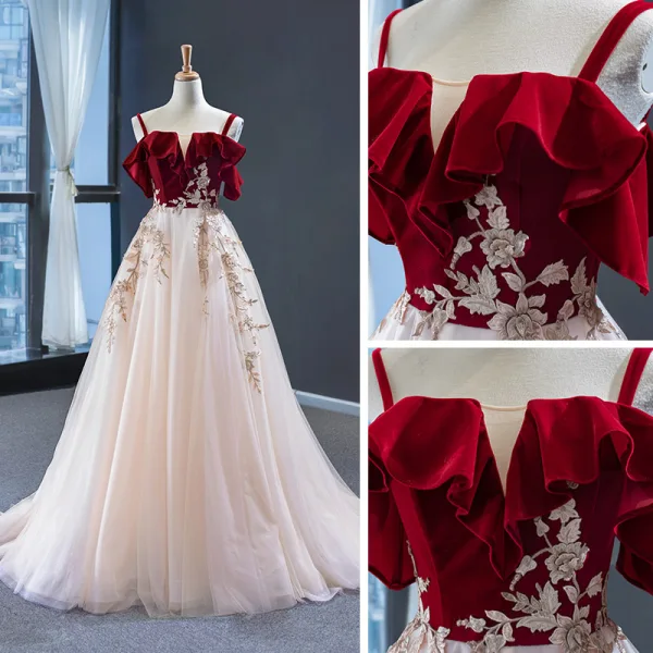 Deux tons Rouge Champagne Daim Robe De Soirée 2023 Princesse Bretelles Spaghetti Manches Courtes Fleur Appliques En Dentelle Train De Balayage Dos Nu Robe De Ceremonie