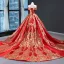 Luxury / Gorgeous Red Prom Dresses 2023 Ball Gown Off-The-Shoulder Short Sleeve Gold Appliques Sequins Chapel Train Ruffle Backless Formal Dresses