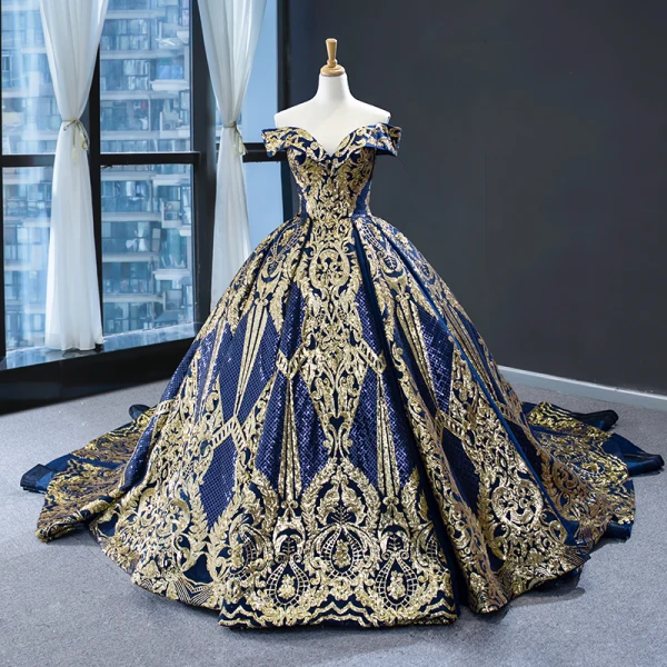 Luxury / Gorgeous Red Prom Dresses 2023 Ball Gown Off-The-Shoulder Short Sleeve Gold Appliques Sequins Chapel Train Ruffle Backless Formal Dresses