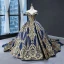 Luxury / Gorgeous Red Prom Dresses 2023 Ball Gown Off-The-Shoulder Short Sleeve Gold Appliques Sequins Chapel Train Ruffle Backless Formal Dresses