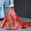 Luxury / Gorgeous Red Prom Dresses 2023 Ball Gown Off-The-Shoulder Short Sleeve Gold Appliques Sequins Chapel Train Ruffle Backless Formal Dresses