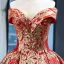 Luxury / Gorgeous Red Prom Dresses 2023 Ball Gown Off-The-Shoulder Short Sleeve Gold Appliques Sequins Chapel Train Ruffle Backless Formal Dresses