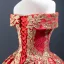 Luxury / Gorgeous Red Prom Dresses 2023 Ball Gown Off-The-Shoulder Short Sleeve Gold Appliques Sequins Chapel Train Ruffle Backless Formal Dresses