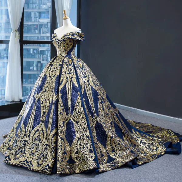 Luxury / Gorgeous Red Prom Dresses 2023 Ball Gown Off-The-Shoulder Short Sleeve Gold Appliques Sequins Chapel Train Ruffle Backless Formal Dresses
