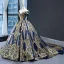 Luxury / Gorgeous Red Prom Dresses 2023 Ball Gown Off-The-Shoulder Short Sleeve Gold Appliques Sequins Chapel Train Ruffle Backless Formal Dresses