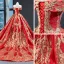 Luxury / Gorgeous Red Prom Dresses 2023 Ball Gown Off-The-Shoulder Short Sleeve Gold Appliques Sequins Chapel Train Ruffle Backless Formal Dresses