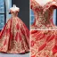 Luxury / Gorgeous Red Prom Dresses 2023 Ball Gown Off-The-Shoulder Short Sleeve Gold Appliques Sequins Chapel Train Ruffle Backless Formal Dresses