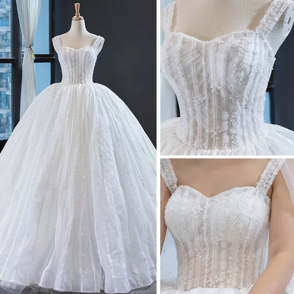 Best Ivory Wedding Dresses 2023 Ball Gown Shoulders Sleeveless Backless Appliques Lace Beading Cathedral Train Ruffle