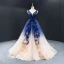 Haut de Gamme Bleu Roi Champagne Concours de beauté Robe De Soirée 2023 Princesse Col v profond Sans Manches Dos Nu Perlage Tribunal Train Volants Robe De Ceremonie