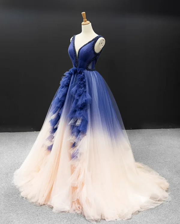 Haut de Gamme Bleu Roi Champagne Concours de beauté Robe De Soirée 2023 Princesse Col v profond Sans Manches Dos Nu Perlage Tribunal Train Volants Robe De Ceremonie