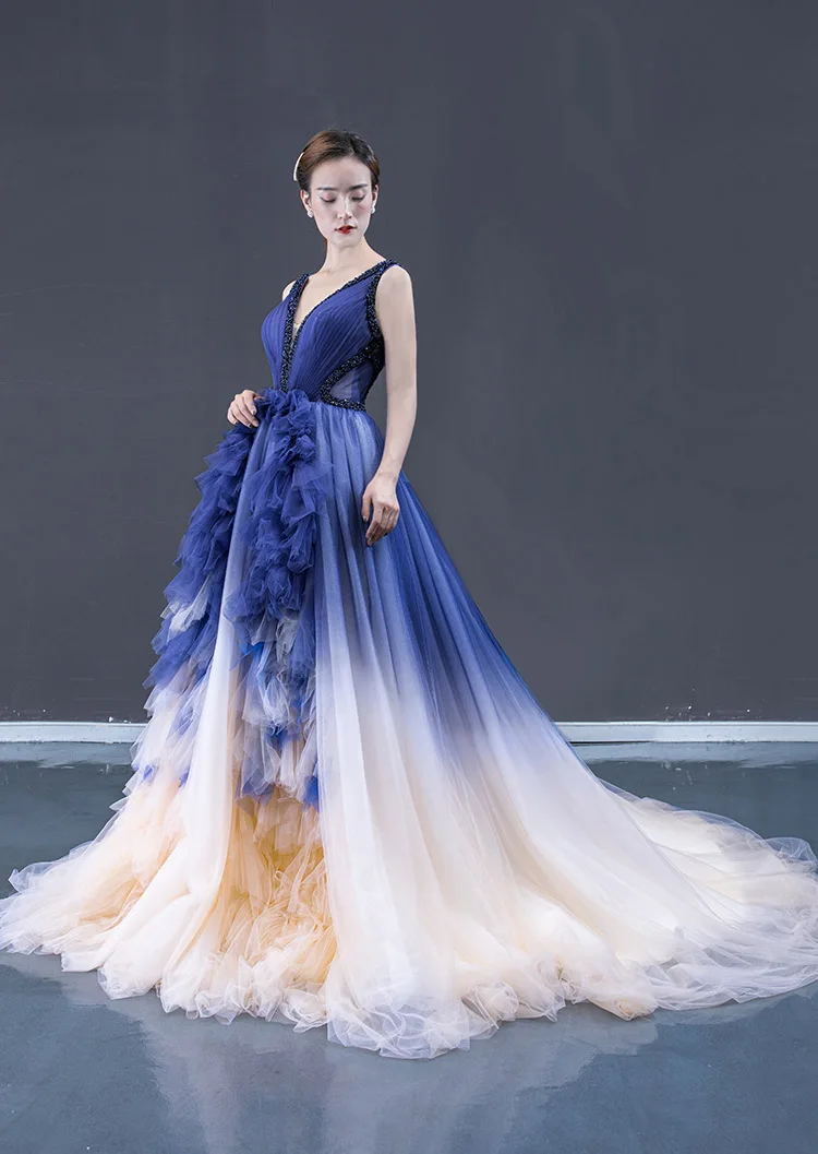 High-End Royal Blue Champagne Pageant Evening Dresses 2023 A-Line Princess Deep V-Neck High-End Royal Blue Champagne Pageant Evening Dresses 2023 A-Line Princess Deep V-Neck