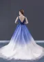 Haut de Gamme Bleu Roi Champagne Concours de beauté Robe De Soirée 2023 Princesse Col v profond Sans Manches Dos Nu Perlage Tribunal Train Volants Robe De Ceremonie