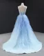 Fabuleux Bleu Ciel Robe De Bal 2023 Princesse Bretelles Spaghetti Sans Manches Perlage Train De Balayage Volants Dos Nu Robe De Ceremonie