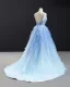 Fabuleux Bleu Ciel Robe De Bal 2023 Princesse Bretelles Spaghetti Sans Manches Perlage Train De Balayage Volants Dos Nu Robe De Ceremonie