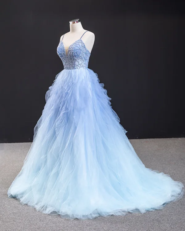 Fabuleux Bleu Ciel Robe De Bal 2023 Princesse Bretelles Spaghetti Sans Manches Perlage Train De Balayage Volants Dos Nu Robe De Ceremonie