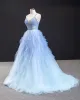 Fabulous Sky Blue Prom Dresses 2023 A-Line / Princess Spaghetti Straps Sleeveless Beading Sweep Train Ruffle Backless Formal Dresses