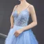 Fabuleux Bleu Ciel Robe De Bal 2023 Princesse Bretelles Spaghetti Sans Manches Perlage Train De Balayage Volants Dos Nu Robe De Ceremonie