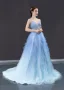 Fabuleux Bleu Ciel Robe De Bal 2023 Princesse Bretelles Spaghetti Sans Manches Perlage Train De Balayage Volants Dos Nu Robe De Ceremonie