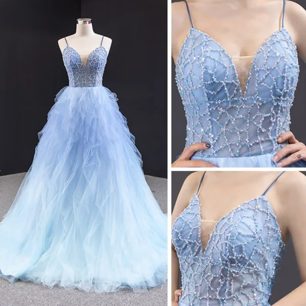 Fabuleux Bleu Ciel Robe De Bal 2023 Princesse Bretelles Spaghetti Sans Manches Perlage Train De Balayage Volants Dos Nu Robe De Ceremonie