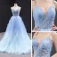 Fabuleux Bleu Ciel Robe De Bal 2023 Princesse Bretelles Spaghetti Sans Manches Perlage Train De Balayage Volants Dos Nu Robe De Ceremonie