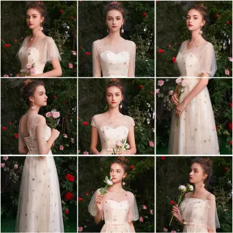 Affordable Champagne See Through Bridesmaid Dresses 2019 A Line Princess Star Sequins Appliques Lace Bow Sash Floor Length Long Backless Wedding Party Dresses