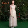 Affordable Champagne See-through Bridesmaid Dresses 2019 A-Line / Princess Star Sequins Appliques Lace Bow Sash Floor-Length / Long Backless Wedding Party Dresses