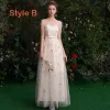 Affordable Champagne See-through Bridesmaid Dresses 2019 A-Line / Princess Star Sequins Appliques Lace Bow Sash Floor-Length / Long Backless Wedding Party Dresses