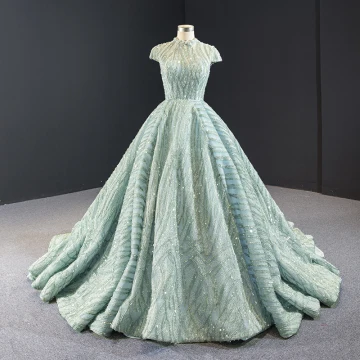 Glamour Vert Cendré Robe De Bal 2023 Robe Boule Transparentes Col Haut Manches Courtes Fait Main Perlage Chapel Train Dos Nu Robe De Ceremonie
