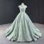 Glamour Vert Cendré Robe De Bal 2023 Robe Boule Transparentes Col Haut Manches Courtes Fait main Perlage Chapel Train Dos Nu Robe De Ceremonie