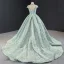 Glamour Vert Cendré Robe De Bal 2023 Robe Boule Transparentes Col Haut Manches Courtes Fait main Perlage Chapel Train Dos Nu Robe De Ceremonie