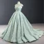 Glamour Vert Cendré Robe De Bal 2023 Robe Boule Transparentes Col Haut Manches Courtes Fait main Perlage Chapel Train Dos Nu Robe De Ceremonie