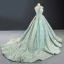 Glamour Vert Cendré Robe De Bal 2023 Robe Boule Transparentes Col Haut Manches Courtes Fait main Perlage Chapel Train Dos Nu Robe De Ceremonie