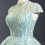 Glamour Vert Cendré Robe De Bal 2023 Robe Boule Transparentes Col Haut Manches Courtes Fait main Perlage Chapel Train Dos Nu Robe De Ceremonie