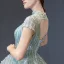 Glamour Vert Cendré Robe De Bal 2023 Robe Boule Transparentes Col Haut Manches Courtes Fait main Perlage Chapel Train Dos Nu Robe De Ceremonie