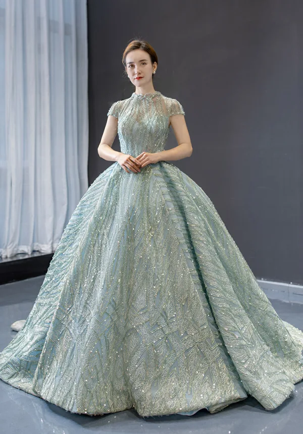 Glamour Vert Cendré Robe De Bal 2023 Robe Boule Transparentes Col Haut Manches Courtes Fait main Perlage Chapel Train Dos Nu Robe De Ceremonie