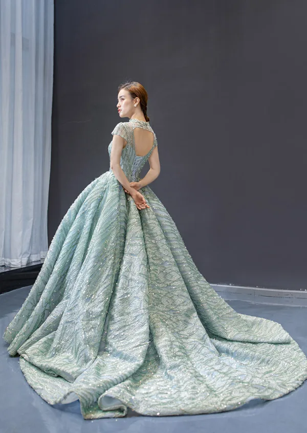 Glamour Vert Cendré Robe De Bal 2023 Robe Boule Transparentes Col Haut Manches Courtes Fait main Perlage Chapel Train Dos Nu Robe De Ceremonie