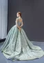Glamour Vert Cendré Robe De Bal 2023 Robe Boule Transparentes Col Haut Manches Courtes Fait main Perlage Chapel Train Dos Nu Robe De Ceremonie